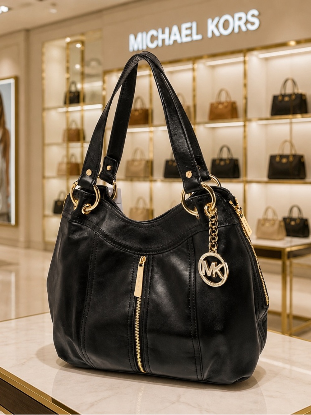 EUC  Michael Kors Moxley Black Leather Gold Zippers Details Shoulder Bag 🍒 - Picture 16 of 17